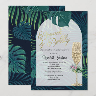 Tropische Blume Palm Blätter Dunkler Champagner Gl Einladung