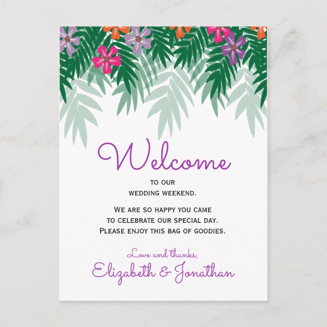 Tropische Blume & Palm Branch-Hochzeit Willkommen Postkarte (Vorderseite)