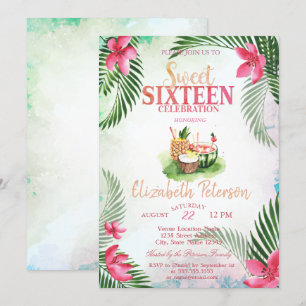Tropische Blume Palm Cocktail Sommer Süße 16 Party Einladung