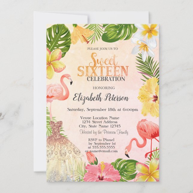 Tropische Blume Palm Flamingos Kleid Sweet 16 Einladung (Vorderseite)
