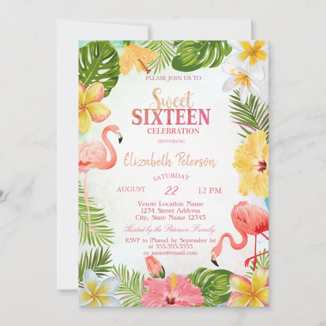 Tropische Blume Palm Flamingos Sweet 16 Party Einladung (Vorderseite)