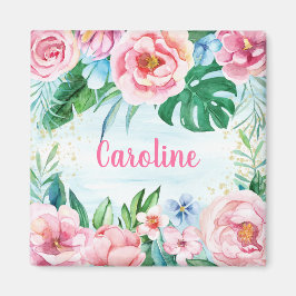 Tropische Blume Palmen Blätter Rosa Grünes Wasser Magnet