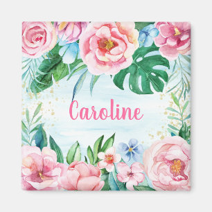 Tropische Blume Palmen Blätter Rosa Grünes Wasser Magnet