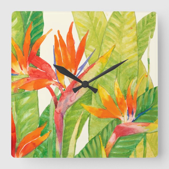 Tropische Blume | Paradiesvogel Quadratische Wanduhr (Vorderseite)