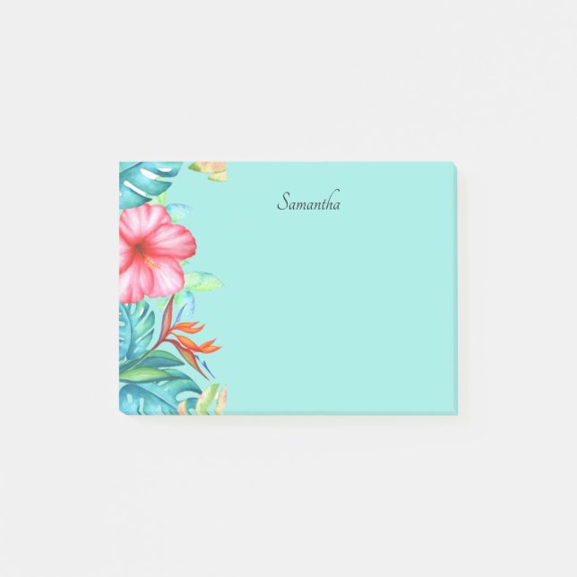 Tropische Blume Personalisiert Aquamarin 4x3 Post-it Klebezettel (Vorderseite)