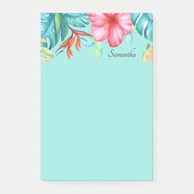 Tropische Blume Personalisiert Aquamarin Post-it Klebezettel (Vorderseite)