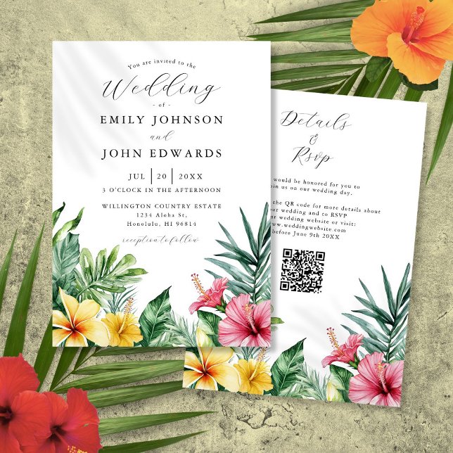 Tropische Blume QR-Code Hochzeit Einladung (Watercolor Tropical Flowers QR Code Wedding Invitation)