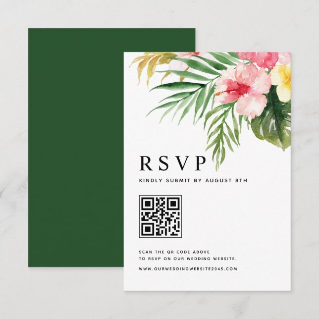 Tropische Blume QR-Code Hochzeit RSVP Karte (Vorne/Hinten)