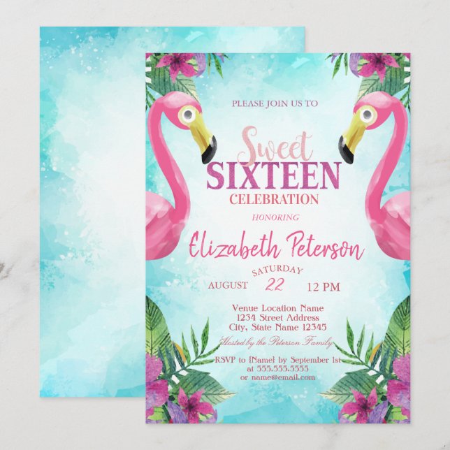 Tropische Blume Rosa Flamingos Sweet 16 Party Einladung (Vorne/Hinten)