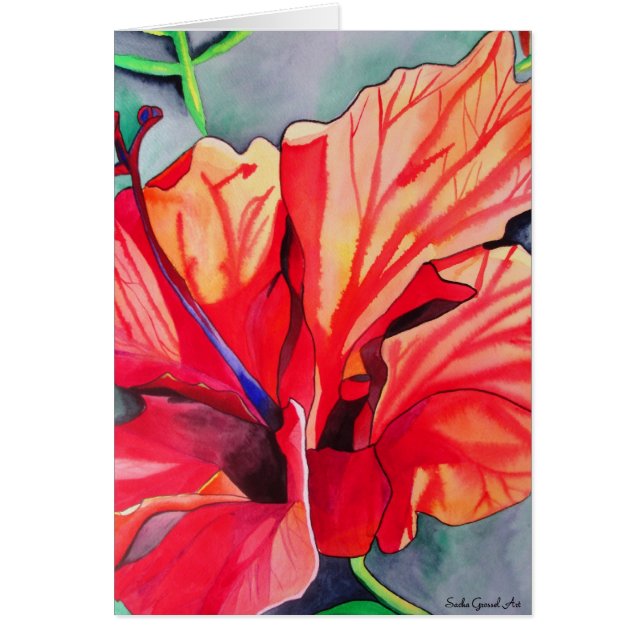 Tropische Blume Roter Hibiskus Aquarellkunst (Vorne)