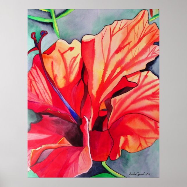 Tropische Blume Roter Hibiskus Aquarellkunst Poster (Vorne)