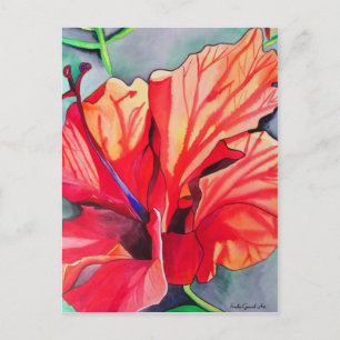 Tropische Blume Roter Hibiskus Aquarellkunst Postkarte