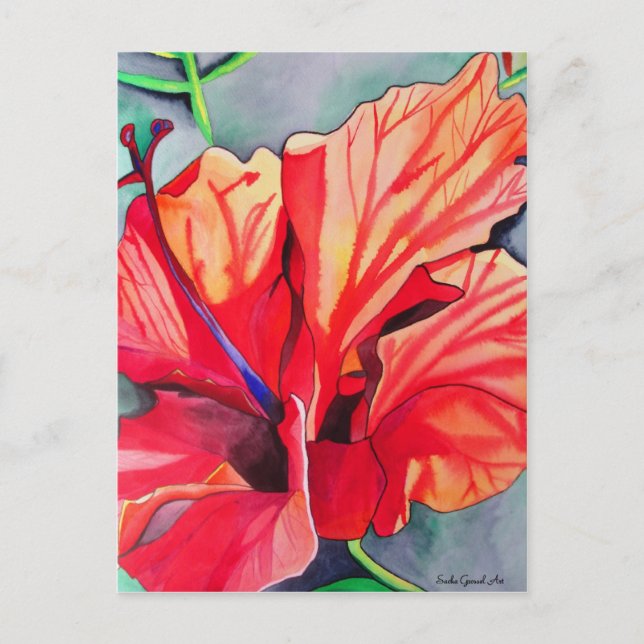 Tropische Blume Roter Hibiskus Aquarellkunst Postkarte (Vorderseite)