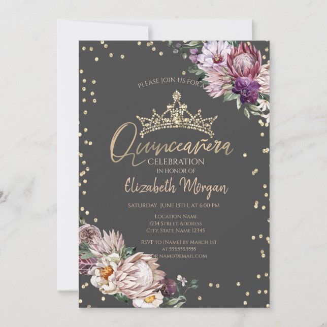 Tropische Blume Tiara Diamonds Gray Quinceañera Einladung (Vorderseite)