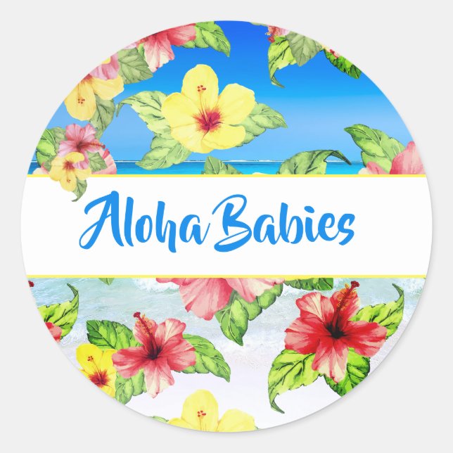 Tropische Blume Twins Aloha Baby Shower Beach Runder Aufkleber (Vorderseite)