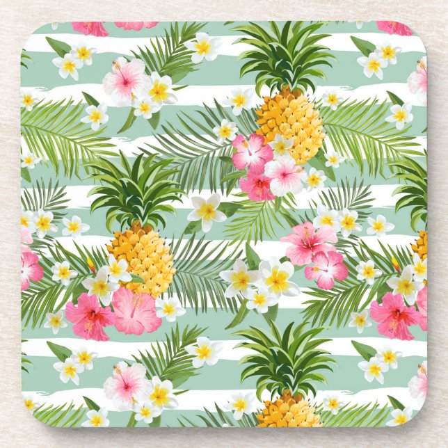 Tropische Blume und Ananas auf Aquamarinen Streife Getränkeuntersetzer (Vorderseite)