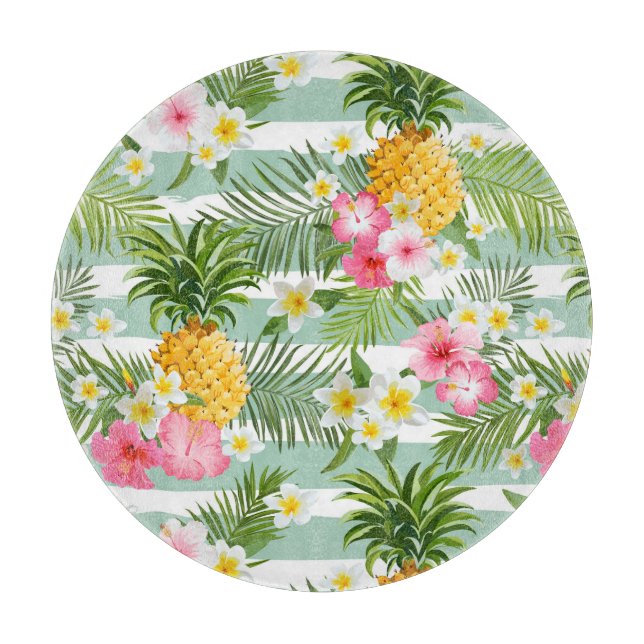 Tropische Blume und Ananas auf Aquamarinen Streife Schneidebrett (Vorderseite)