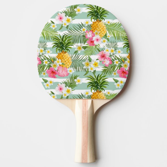 Tropische Blume und Ananas auf Aquamarinen Streife Tischtennis Schläger (Vorderseite)