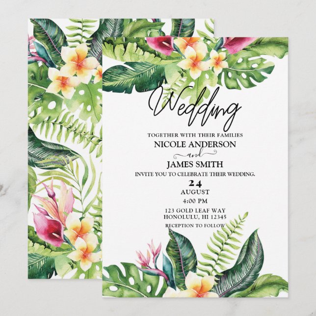 Tropische Blume und Blätter Blumenhochzeit Einladung (Vorne/Hinten)