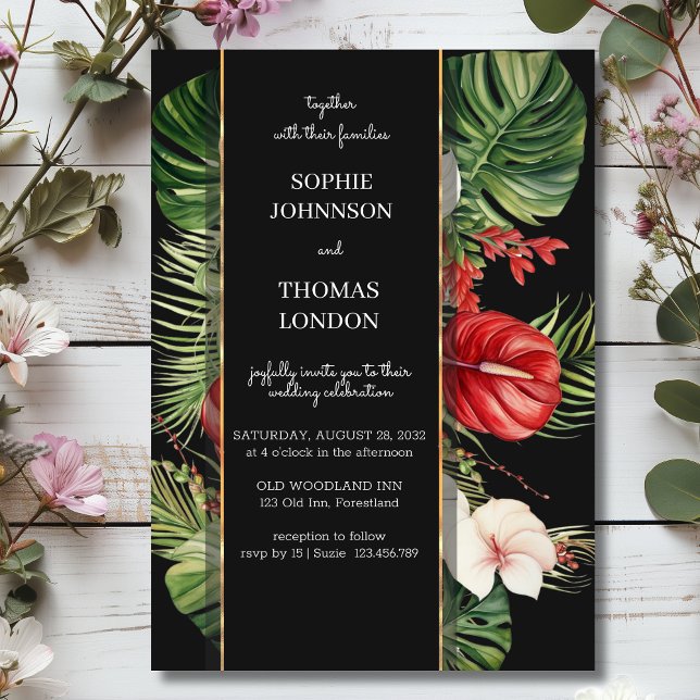 Tropische Blume und Blätter dunkle Aquarelle Hochz Einladung (Von Creator hochgeladen)