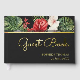 Tropische Blume und Blätter Dunkle Hochzeit Gästebuch