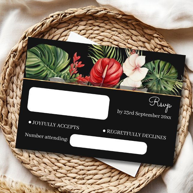 Tropische Blume und Blätter Dunkle Hochzeit RSVP Karte (Von Creator hochgeladen)