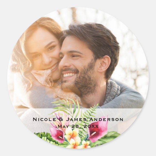 Tropische Blume und Blätter Foto Hochzeit Runder Aufkleber (Vorderseite)