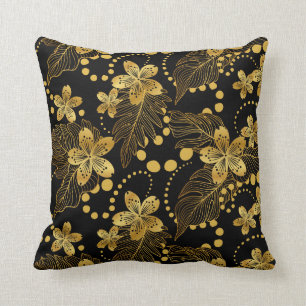 Tropische Blume und Blätter in Schwarz und Gold Kissen