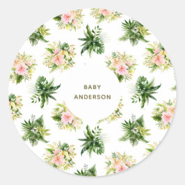 Tropische Blume und Blätter Jungle Babydusche Runder Aufkleber