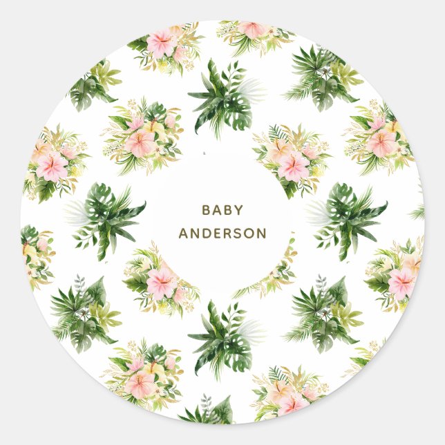 Tropische Blume und Blätter Jungle Babydusche Runder Aufkleber (Vorderseite)