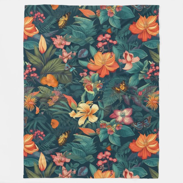 Tropische Blume und Blätter mit Schmetterlingen Fleecedecke (Vorderseite)