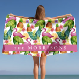 Tropische Blume und Blätter Pink Flamingo Custom Strandtuch