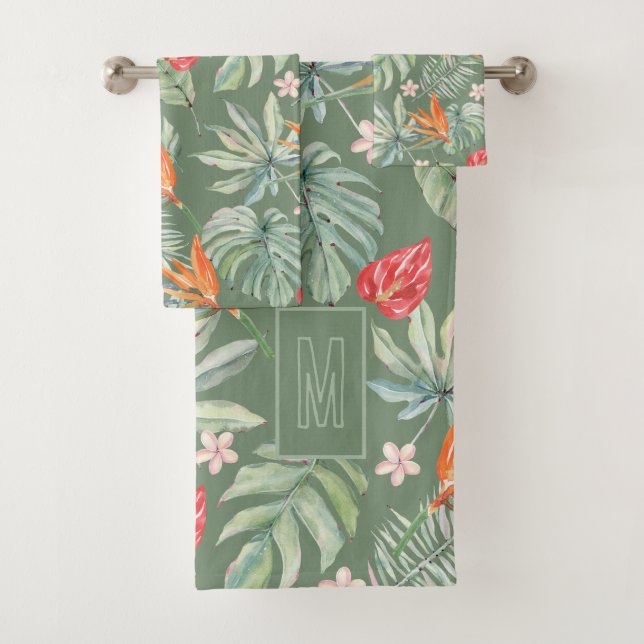 Tropische Blume und Foliage Fantasy mit Monogramm Badhandtuch Set (Insitu)