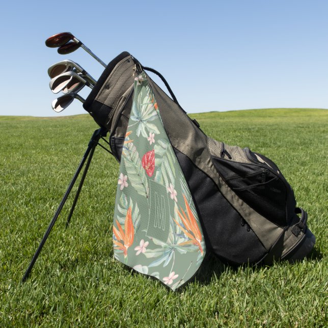 Tropische Blume und Foliage Fantasy mit Monogramm Golfhandtuch (Gras)