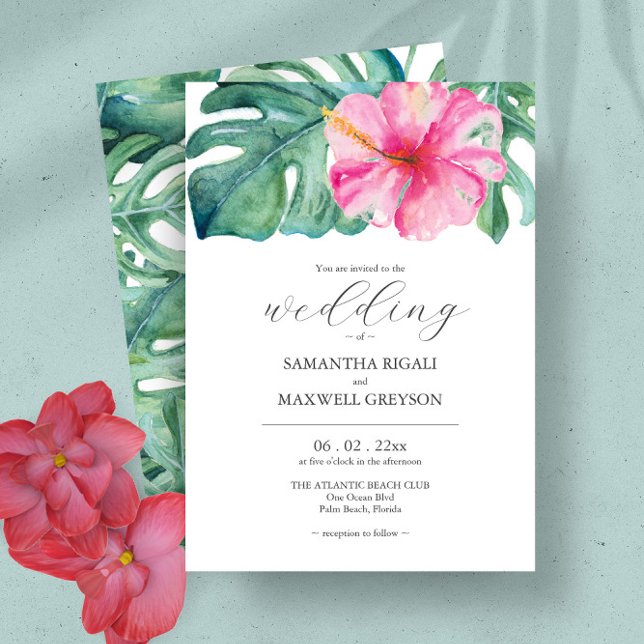 Tropische Blume und Hochzeiten im Grünen Einladung (Tropical hibiscus flower wedding invitations feature unique watercolor art by Victoria Grigaliunas)