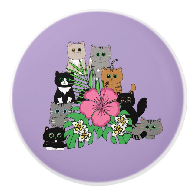 Tropische Blume und Kawaii-Katzen Keramikknauf (Vorderseite)