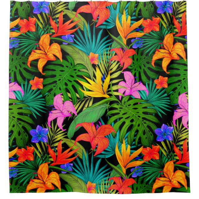 Tropische Blume und Palmenblatt Hawaiisch bunt Duschvorhang (Vorderseite)