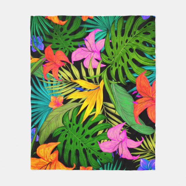 Tropische Blume und Palmenblatt Hawaiisch bunt Fleecedecke (Vorderseite)