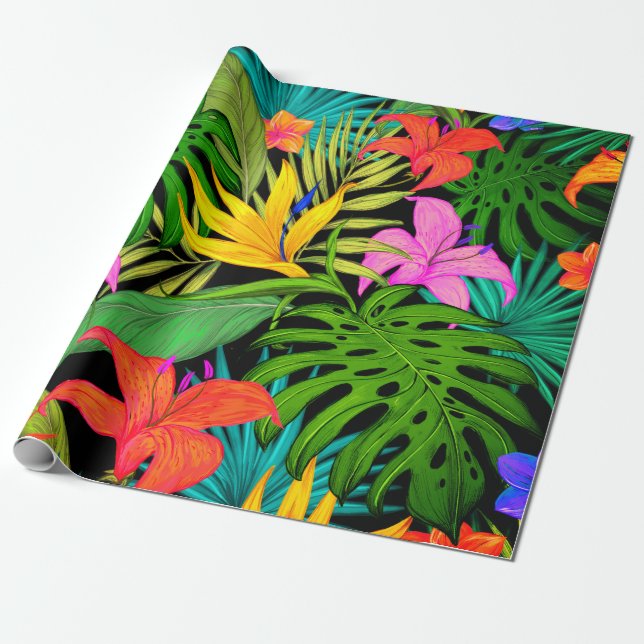 Tropische Blume und Palmenblatt Hawaiisch bunt Geschenkpapier (Ungerollt)