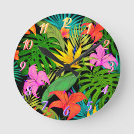 Tropische Blume und Palmenblatt Hawaiisch bunt Runde Wanduhr