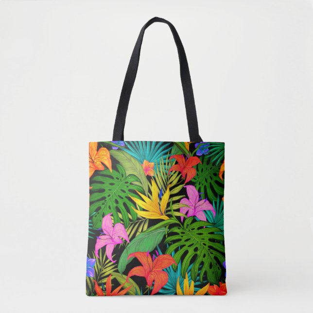 Tropische Blume und Palmenblatt Hawaiisch bunt Tasche (Vorderseite)