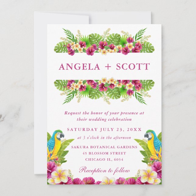 Tropische Blume und Papageien Einladung (Vorderseite)