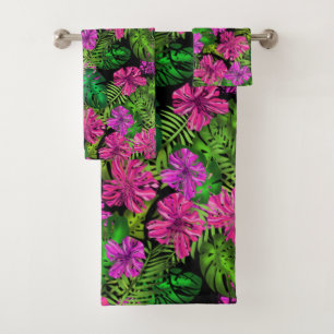 Tropische Blume und Pflanze in Schwarz Badhandtuch Set
