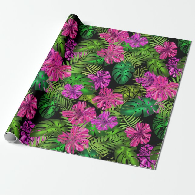 Tropische Blume und Pflanze in Schwarz Geschenkpapier (Ungerollt)