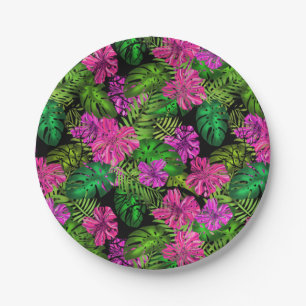 Tropische Blume und Pflanze in Schwarz Pappteller