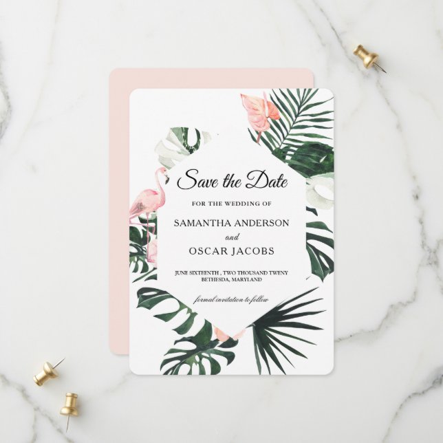 Tropische Blume und rosa Flamingo Beauty Save The Date (Vorderseite/Rückseite Beispiel)