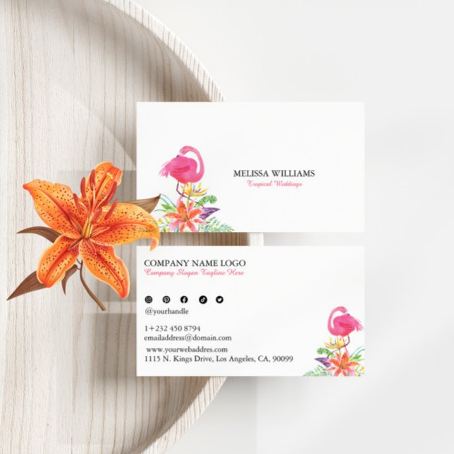 Tropische Blume und rosa Flamingo Hochzeitsplaner Visitenkarte (Von Creator hochgeladen)