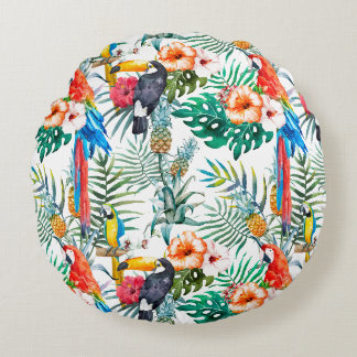 Tropische Blume und Toucan Rundes Kissen