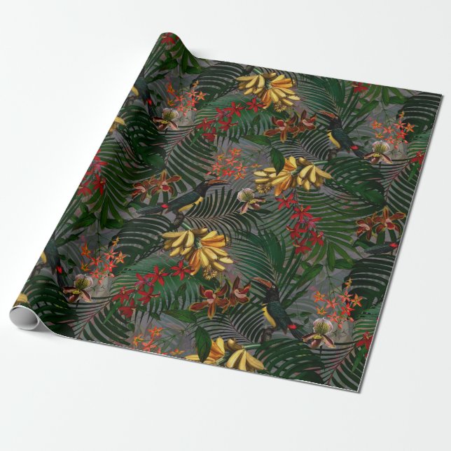 Tropische Blume und Vogeldschungel Geschenkpapier (Ungerollt)