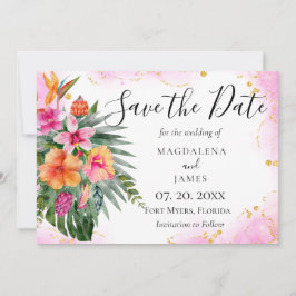 Tropische Blume Wasserfarbe Rosa Gold Glitzer Save The Date